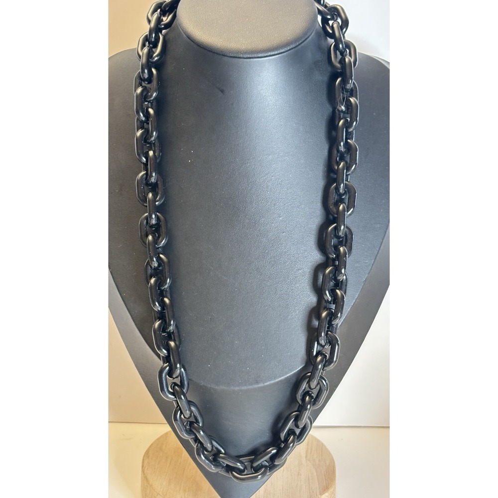 Vintage Black Lucite Chunky Chain Link Statement Necklace Retro Mod 24in
